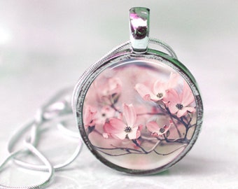 Pink Floral Pendant Necklace, Keychain Key Ring, Gift for Her