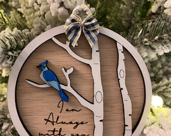 Blue Jay Memorial Christmas Ornament - Blue and Gold Bow