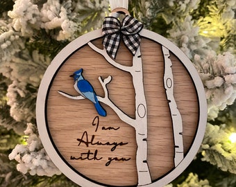 Blue Jay Memory Christmas Ornament - Black & White Bow