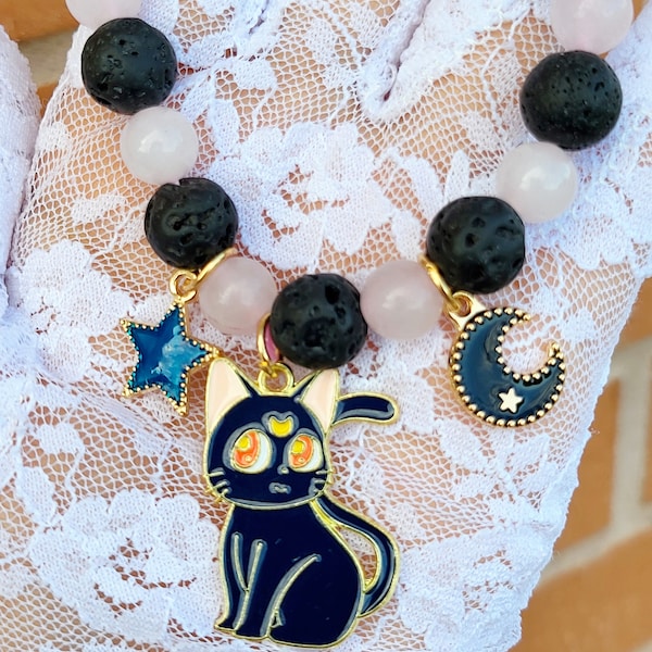 Rose Quartz and Lava Stone with Sailor Moon Luna Charm - Bracelet