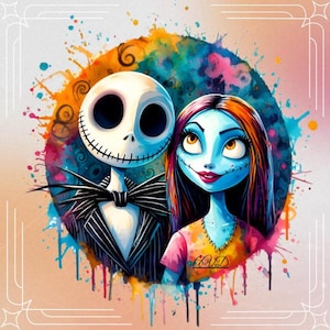 Jack and Sally Watercolor Splash, Clipart Images, Graphics and Artwork, Rainbow Aesthetics, PNG Jack and Sally Images
