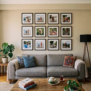 May include: A gallery wall featuring twelve square black-framed photographs arranged in a grid above a gray sofa. The living room includes a wooden coffee table with a teapot, books, and a plant, alongside a floor lamp and a side table.