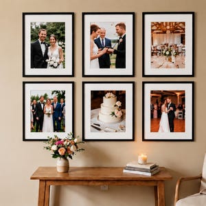 May include: A gallery wall arrangement featuring six square black frames with white matting, displaying various wedding photographs. The collection includes portraits of a couple, a ceremony exchange, a reception setting, a cake, and a dance.