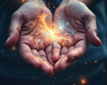 Póster digital de arte surrealista "Iluminación en tus manos"