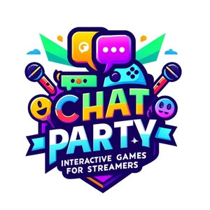 May include: A colorful logo for a chat party with the text "CHAT PARTY" in large, bold letters. The logo features a game controller, microphones, and speech bubbles. The text "Interactive Games for Streamers" is below the main text.