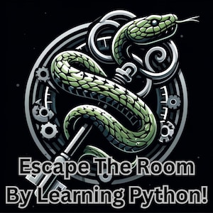 Puede incluir: Una serpiente verde envuelta alrededor de una llave plateada, con un fondo circular de engranajes y un cielo estrellado negro. El texto "Escape The Room By Learning Python!" está debajo de la imagen.