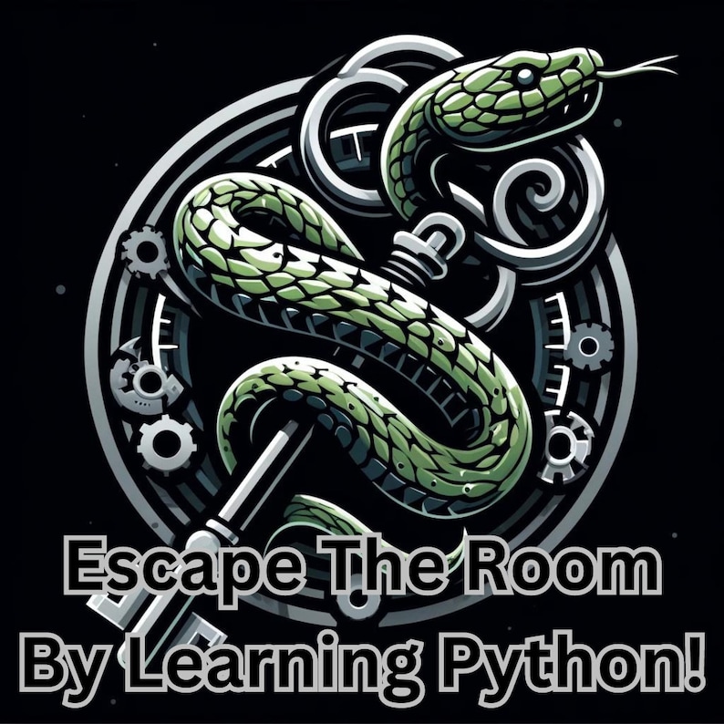 May include: A green snake coiled around a silver key, set against a circular background of gears and a black starry sky. The text "Escape The Room By Learning Python!" is below the image.