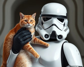 Póster digital de Storm Trooper posando con un gato