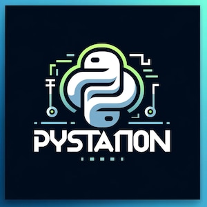 May include: A stylized green and blue Python logo with the text "PYSTATION" below it. The logo is on a black background.