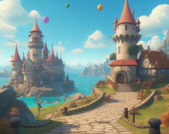 May include: A whimsical illustration of a fairytale castle on a rocky island, connected by a stone path to a smaller building. The castle has red-roofed towers, and colorful balloons float in the sky. The scene is set by a blue sea and mountains.