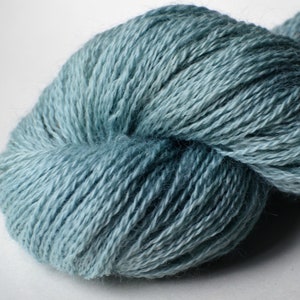 May include: A skein of soft, blue yarn with a subtle ombre effect. The yarn is made of natural fibers and is perfect for knitting or crocheting.