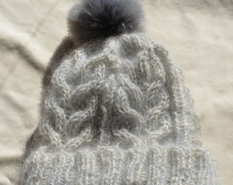 Cable Hand Knit Hat with Faux Fur Pom