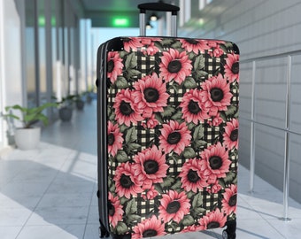 Schicker schwarz-weißer Gingham-Koffer mit rosa Sonnenblumen: Eine Symphonie aus Kontrast und Anmut