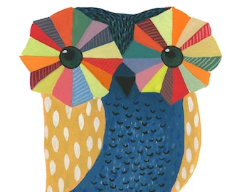 Geometric Owl - gouache owl painting, nature, watercolor painting, art print, nursery art