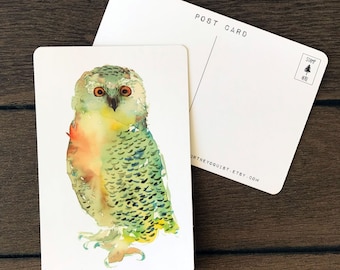 Watercolor Green Owl Art Postcard - watercolor, painting, nature, postcard, stationary