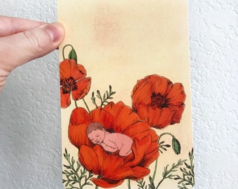 Poppies with Sleeping Baby Botanical Art Postcard / nature / cards / postcard