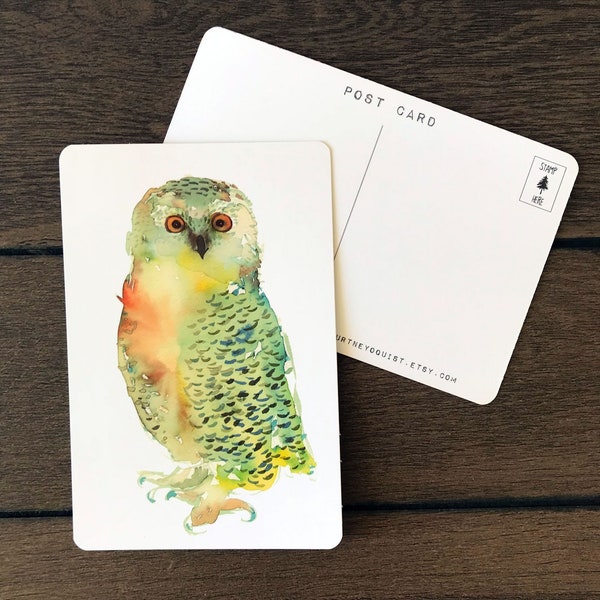 Watercolor Green Owl Art Postcard - watercolor, painting, nature, postcard, stationary