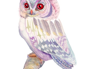 Pink and Purple Owl art print - archival fine art - watercolor painting nature reproduction