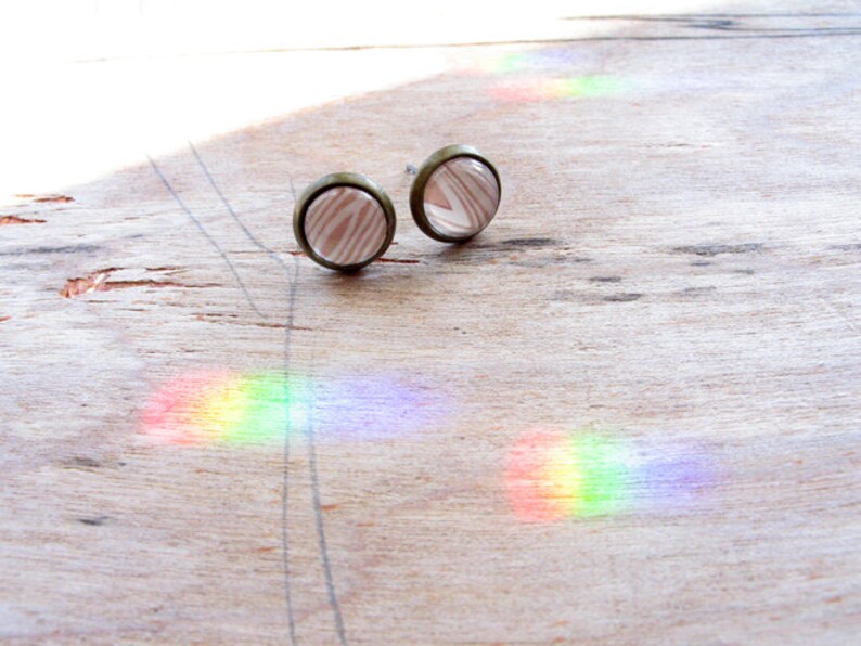 petite Wood Grain earring studs silver or bronze image 1