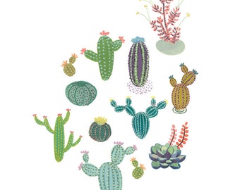 Cactus Family art print - Succulent, cacti, painting, gouache, watercolor, art print