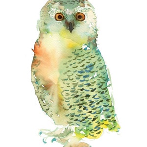 Watercolor Green Owl painting, nature, watercolor painting, art print image 2