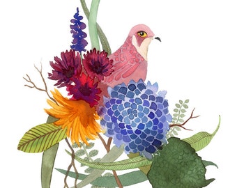 pink bird with flowers watercolor / art print