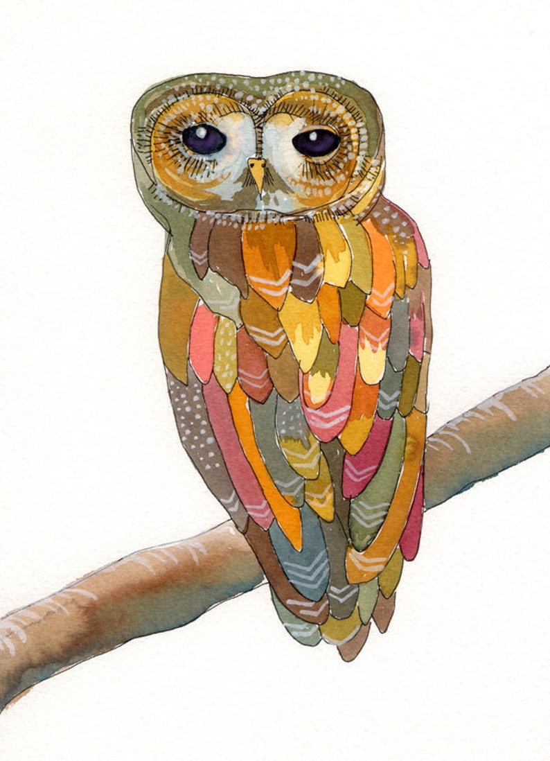 Watercolor Owl Painting Colorful Owl art print archival Etsy