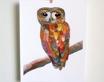 Watercolor Owl Painting - Colorful Owl - art print, archival print, reproduction