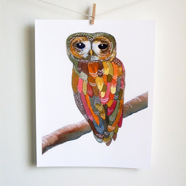 Watercolor Owl Painting - Colorful Owl - art print, archival print, reproduction