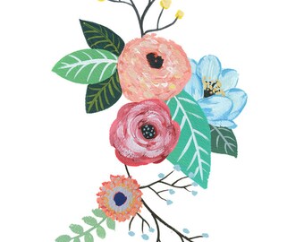 Gouache Flowers Watercolor Painting, Art Print, decor, nature, floral, print 5 x 7 inches