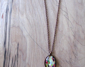 Colorful Diamonds - abstract geometric design - mini print necklace oval pendant and chain