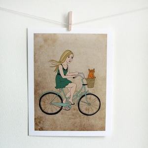 Bike Girl Art Print with little orange cat