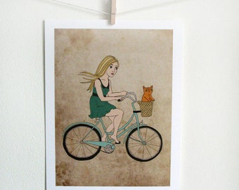 Bike Girl Art Print with little orange cat