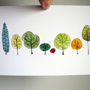 Postal de arte Row Trees - de pintura original de acuarela