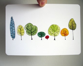 Row Trees Art Postcard - from original watercolor painting