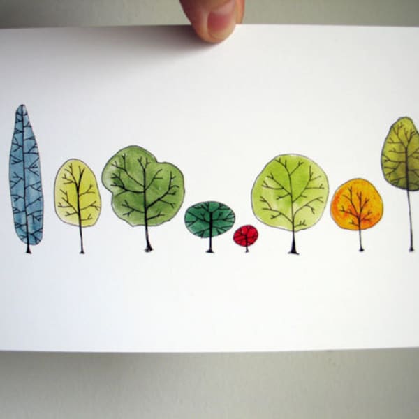 Row Trees Art Postcard - from original watercolor painting