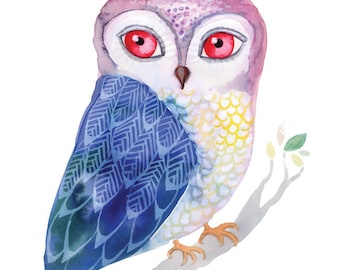 Blue Winged Owl - archival art print watercolor gouache painting print reproduction