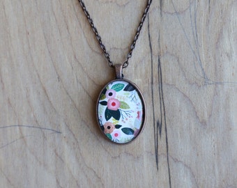 Flowers - mini watercolor gouache art painting print necklace pendant and chain