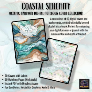 Könnte beinhalten: Eine digitale Planer-Cover-Sammlung mit 40 abstrakten Designs in einem Teal-, Grün- und Gold-Farbschema. Das Cover zeigt einen 2025-Planer mit dem Text "Coastal Serenity" und "Oceanic Harmony Digital Notebook Cover Collection".