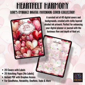 May include: A set of 40 digital notebook covers featuring a watercolour design of hearts in shades of pink, red, and white. The covers are designed for use with digital planners and journals. The text "2025 Planner" is visible on one of the covers. The text "calendar 2025" is visible on another cover.