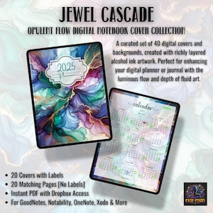 May include: A digital notebook cover collection with 40 abstract designs featuring alcohol ink in shades of blue, green, purple, and gold. The cover includes the text "2025 Planner" and a calendar for the year 2025.