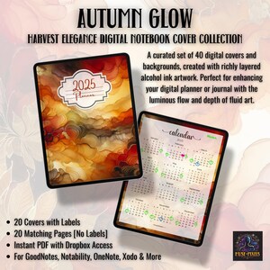 May include: Digital notebook cover collection named "Autumn Glow" showing two tablets. One displays a 2025 planner cover with abstract orange, yellow, and red artwork. The other shows a 2025 calendar. The collection includes 20 covers and matching pages.