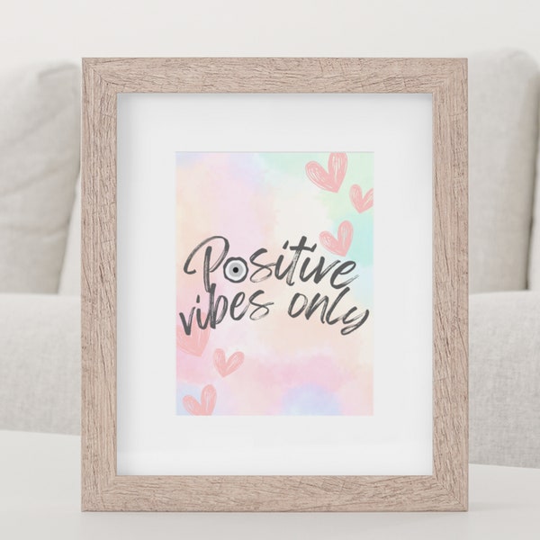 Positive Vibes Only: Pastel Wall Art with Evil Eye Nazar and Heart Accents - Digital Download Image for Home Decor and Gifts