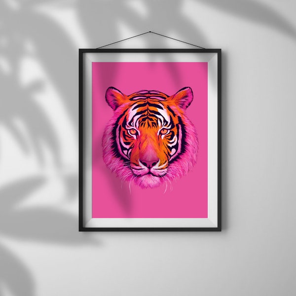 tiger painting large maximalist wall art preppy room decor, funky horizontal wall art college dorm decor, pink orange wall art animal print