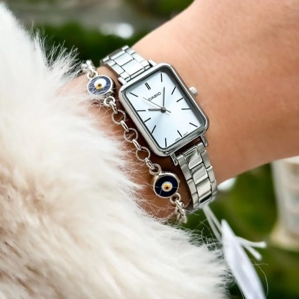 Silver Color, Steel Strap, Rectangular Case Women's Wristwatch Evil Eye Beaded Bracelet