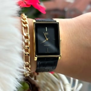 Gold Rectangular Case, Black Leather Strap, Water Resistant, Stylish Women's Wristwatch+bracelet