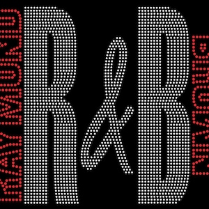 Puede incluir: Diseño gráfico negro con las letras "R & B" en puntos blancos, flanqueadas por los nombres "Raymond" y "Brown" en puntos rojos. Un diseño llamativo para ropa.