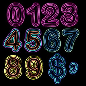 May include: A set of numbers and a dollar sign, each formed from small, brightly coloured dots. The numbers zero to nine are displayed, along with a dollar sign and a full stop, all set against a black backdrop.