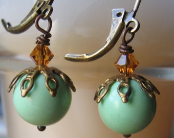 Mint Green Turquoise, Antique Brass, Crystal Earrings, round globe, dangle earrings, bead cap, leverback earrings, orange crystal, ooak