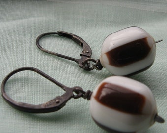 Coffee and Cream Vintage Lucite Beads Sterling Silver Earrings, brown, white, stripped, lever back earrings, birthday gift, dangle, drop